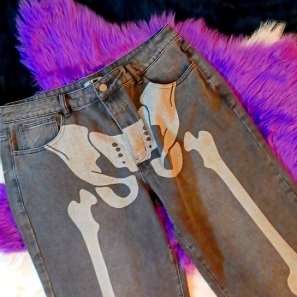 DOLLSKILL TRICKZ N TREATZ XXL WIDE LEG HIGH WAISTED PANTS SKELETON BONES GREY